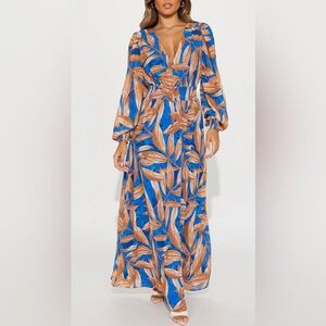 Fashion Nova Vibrant Blue and Tan Leaf Dress